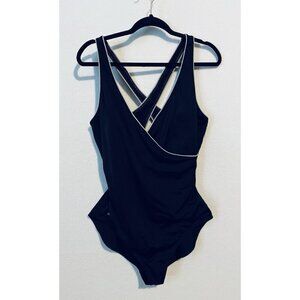 Speedo Swimsuit Womens 18 Black Faux Wrap White Piping One Piece Beachy Boho